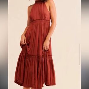 By Anthropologie size 4 burnt orange Esther tiered ruffle hem halter midi dress